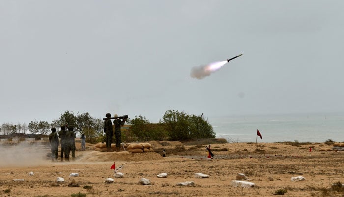 Pakistan Navy officials conducting a test of the firing of land-to-air FN-6 missiles, images released on July 3, 2024. — Facebook/Director General Public Relations - Navy