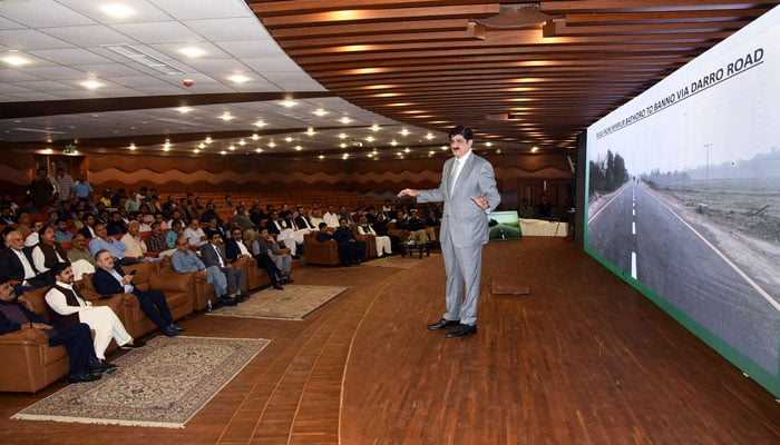 Sindh CM Syed Murad Ali Shah, under the banner of Vision Sindh, briefs the civil society about the development initiatives undertaken by the PPP government over the past 15 years at the Auditorium of the provincial assembly on July 4, 2024. — Facebook/Sindh Chief Minister House