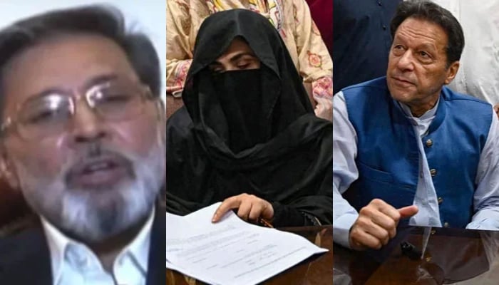 This collage of images shows, Khawar Manika (L), Bushra Bibi and PTI Founder Imran Khan. — YouTube/Geo News/AFP/File