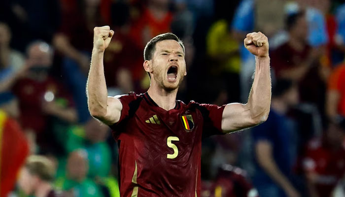 Belgiums Jan Vertonghen celebrates after Kevin De Bruyne scores their second goal during Euro 2024 match against Romania at   Cologne Stadium in Germany on June 22, 2024. — Reuters