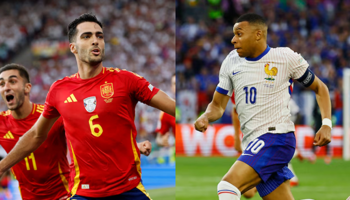 Spains Mikel Merino (left) and Frances Kylian Mbappe seen during Euro 2024 matches. — Reuters/File