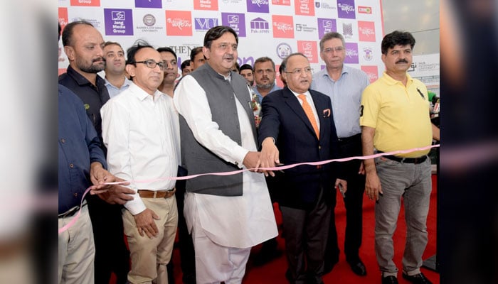 Punjab Assembly Speaker and provinces Acting Governor Malik Muhammad Ahmed Khan inaugurates The News Education Expo on July 6, 2024. — Facebook/Malik Muhammad Ahmad Khan