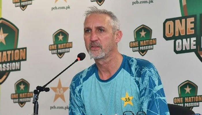 Jason Gillespie addresses his first press conference as Pakistans red-ball coach. — PCB/file