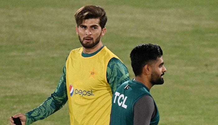 A representational image showing star pacer Shaheen Afridi and Pakistan team skipper Babar Azam seen during a practice session. — AFP/file