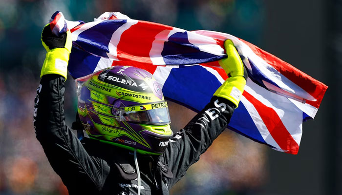 Lewis Hamilton celebrates after winning the British Grand Prix at Silverstone Circuit, Silverstone, Britain on July 7, 2024 . — Reuters