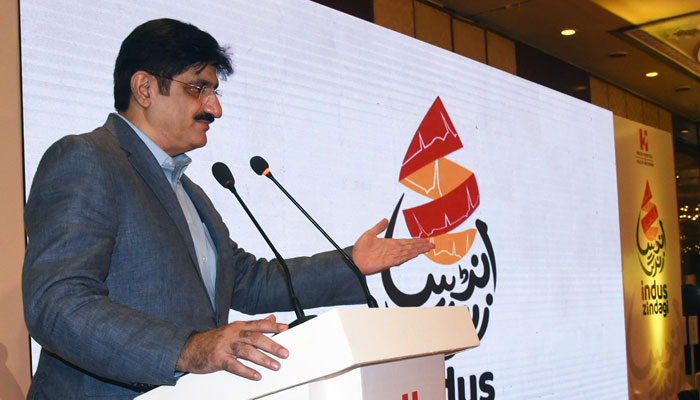 Sindh Chief Minister Syed Murad Ali Shah speaks at the launch of Indus Zindagi, a national movement aimed at promoting voluntary blood donations across Pakistan at a local hotel on July 7th, 2024. — Facebook/Sindh Chief Minister House