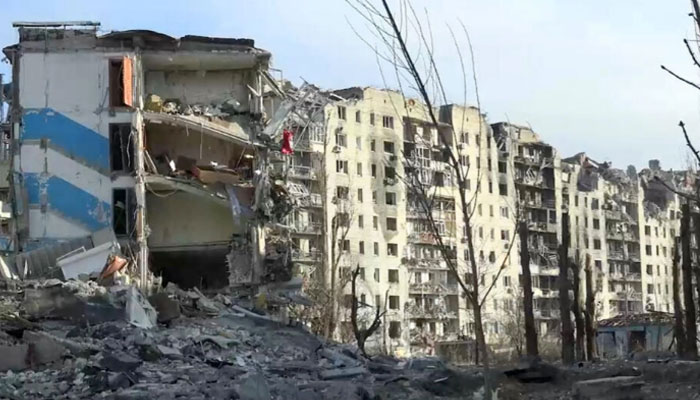 Destroyed residential buildings in eastern Ukraines Avdiivka seen in handout footage posted on Telegram by Donetsk provinces Moscow-appointed authorities on February 24, 2024. — AFP