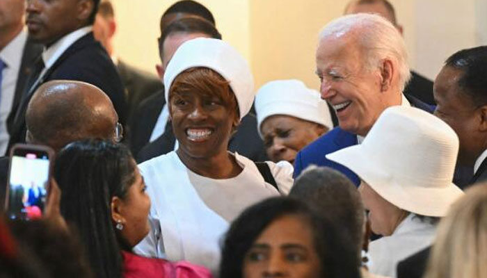 US President Joe Biden greets parishioners after speaking during a church service and campaign event at Mount Airy Church of God in Christ in Philadelphia, Pennsylvania, on July 7, 2024. — AFP