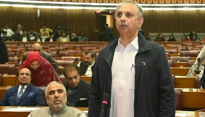 NA Opposition Leader and PTI Secretary-General Omar Ayub speaks on the floor of the National Assembly. — X/@NAofPakistan/File