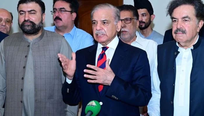 Prime Minister Shehbaz Sharif talking to media in Quetta on 8 July, 2024. — PID