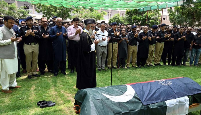 Funeral prayer of martyred  Deputy Superintendent of Police (DSP) CTD Investigation  Ali Raza is being offered at Central Police Office (CPO) in Karachi on July 8, 2024. — PPI