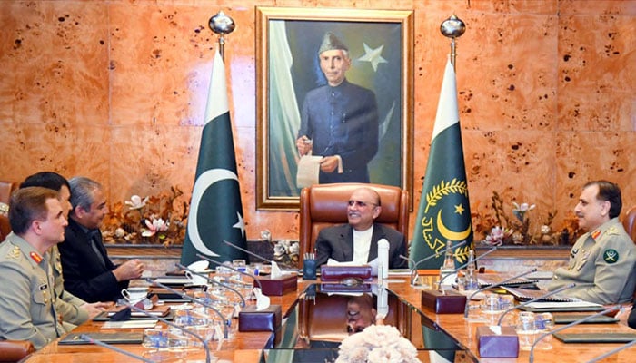 President Asif Ali Zardari meets Federal Interior Minister Mohsin Naqvi and other senior officials in this undated image.— State Media/file