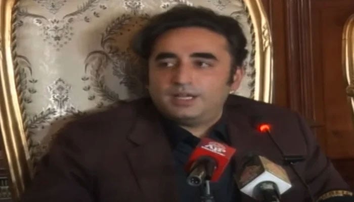 PPP Chairman Bilawal Bhutto-Zardari addresses the press conference in Peshawar on July 8, 2024. — Screengrab via Geo News