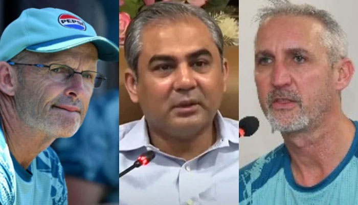 (From left to right) Pakistans white-ball coach Gary Kirsten, PCB Chairman Mohsin Naqvi and teams red-ball coach Jason Gillespie. — AFP/State Media/Facebook/Pakistan Cricket Team/File