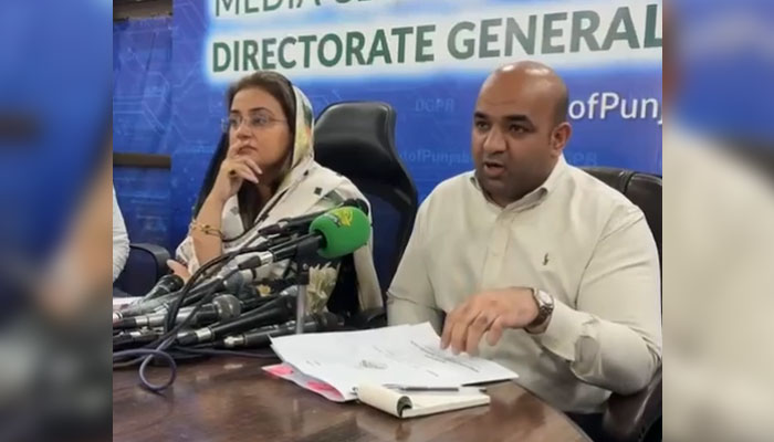 Punjab School Education Minister Rana Sikandar Hayat (Right) along with Provincial Information Minister Azma Zahid Bokhari addresses a press conference on July 9, 2024. — Screengrab via Facebook/Rana Sikandar Hayat