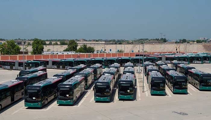 Buses are seen parked at a terminal of the Peshawar Bus Rapid Transit (BRT) in Peshawar. — AFP/File