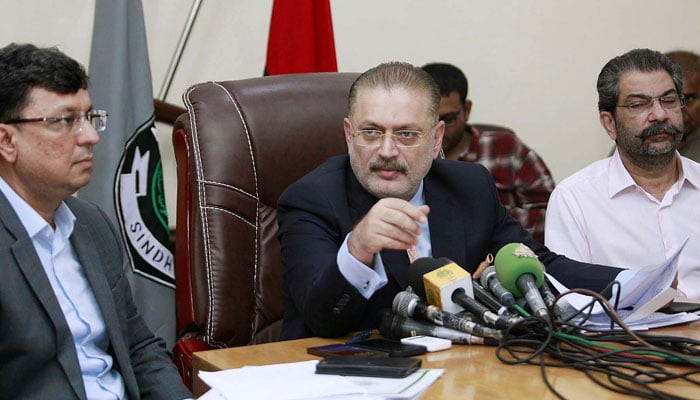 Sindh Minister for Excise and Taxation, Transport, and Mass Transit, Sharjeel Inam Memon along with others addresses media persons during a press conference at the Excise, Taxation, Narcotics Control Department office in Karachi on July 9, 2024. — PPI