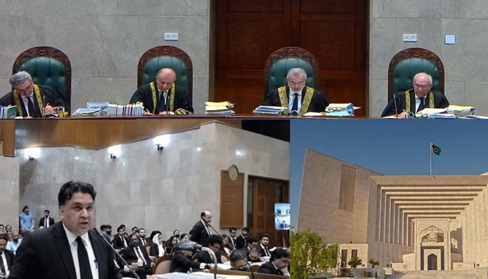 CJP Qazi Faez Isa (second right) leads the 13-member SC bench hearing SICs plea on reserved seats issue on July 9, 2024. — Screengrab via YouTube/Geo News