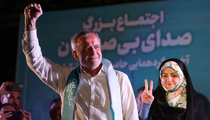 Iranians President-Elect Masoud Pezeshkian waves during a campaign event in Tehran, Iran, July 3, 2024. — Reuters