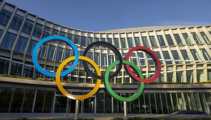 A view of the Olympic Rings in front of the Olympic House, IOC headquarters in Switzerland on March 28, 2023. — Reuters