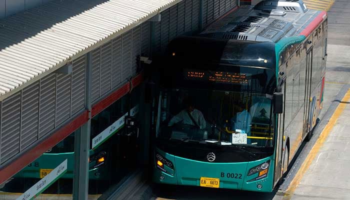 A bus stops at a terminal station of the Peshawar Bus Rapid Transit in Peshawar. — AFP/File