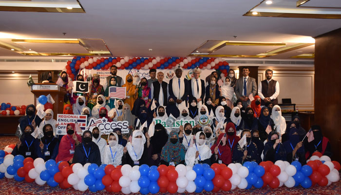 Consul General Shante Moore pose for a group photo with students an opening ceremony for the University of Malakand’s English Access Scholarship Programme at a hotel in Islamabad on July 10, 2024. — Facebook/U.S. Consulate General Peshawar