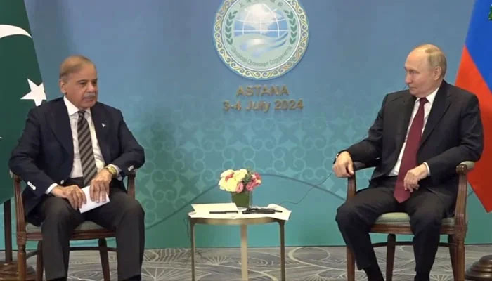 Prime Minister Shehbaz Sharif (left) holds a meeting with Russian President Vladimir Putin in Astana on July 3, 2024. — YouTube screengrab/Geo News Live