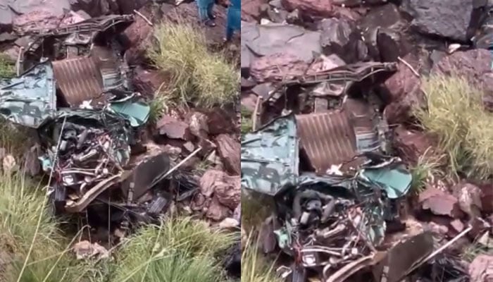 The combined image shows ruins of the passenger jeep after it tumbled down onto the bank of the Neelum River in Muzaffarabad, Azad Jammu and Kashmir (AJK). — Screengrab/Geo News/File