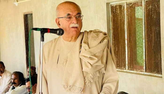 PkMAP Chairman Mahmood Khan Achakzai addressing a public gathering in Harnai, Balochistan, on October 24, 2023. — X/@MKAchakzaiPKMAP