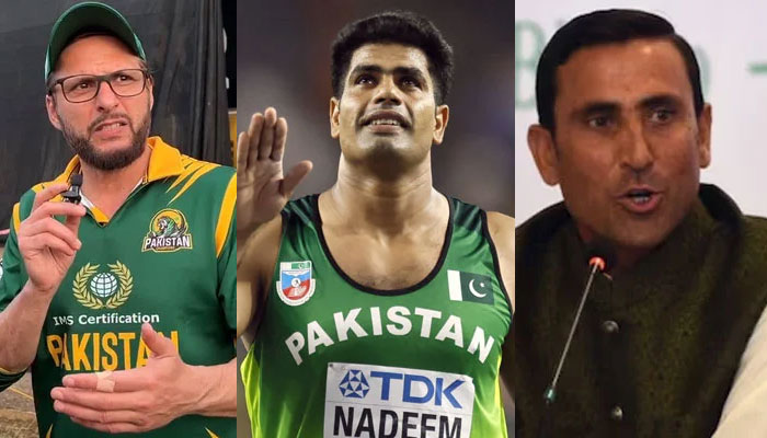 (From left to right) Former Pakistan cricketer Shahid Afridi, javeline thrower Arshad Nadeem, and former Pakistan cricket team captain Younis Khan.— Screengrab/AFP/file