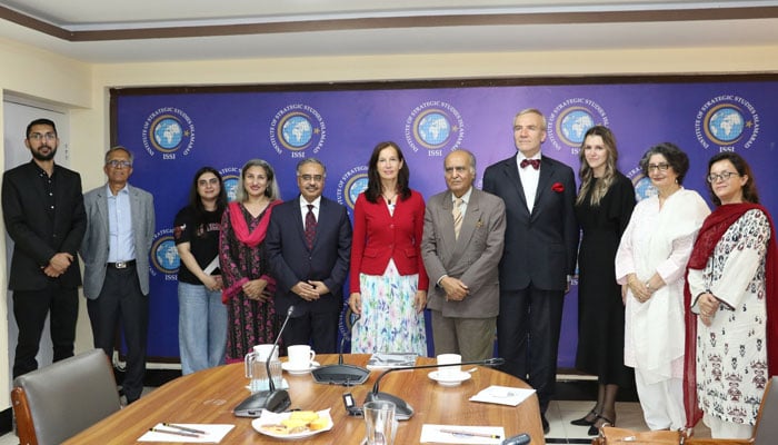 Sohail Mahmood, Director-General, the Institute of Strategic Studies (ISS) (5th from right) and Kristi Karelsohn,(6th to right) Director General, Department of Asia, the Pacific, Middle East and Africa, Ministry of Foreign Affairs, Estonia, and others can be seen in this photo on July 11, 2024. — Facebook@/Institute.of.Strategic.Studies.Islamabad