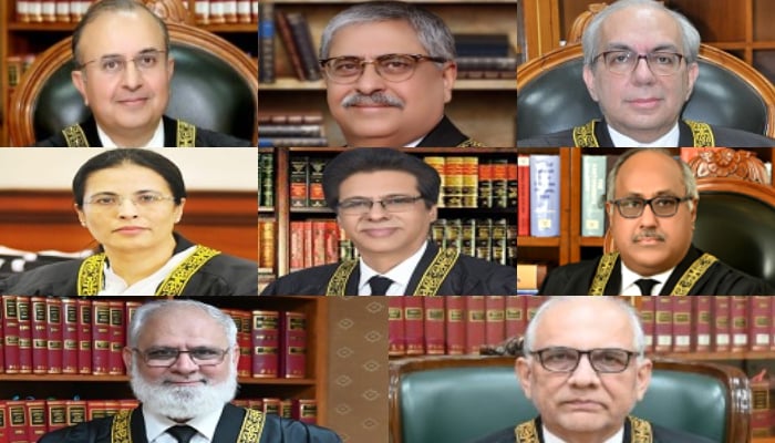 (Clockwise form top right to bottom left) SC Justices Mansoor Ali Shah, Athar Minallah, Munib Akhtar, Ayesha Malik, Muhammad Ali Mazhar, Shahid Waheed, Irfan Saadat Khan and Hasan Azhar Rizvi. — SC website/File