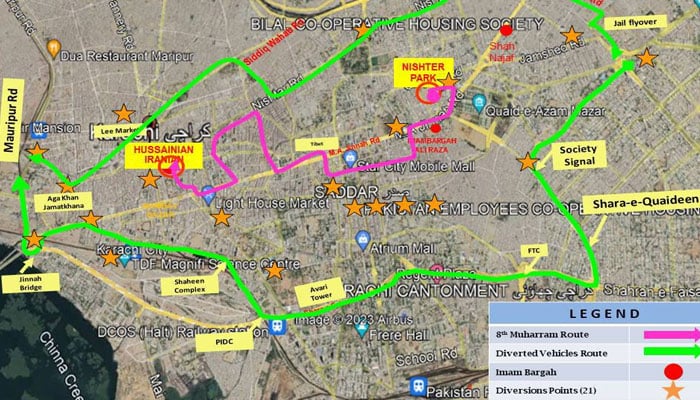 A representational image showing the traffic diversion plan issued by Karachi Traffic Police for 8th, 9th and 10th Muharram. — Facebook/Karachi Traffic Police