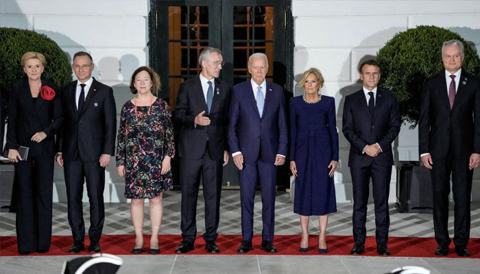 US President Joe Biden and first lady Jill Biden pose for a picture with NATO allies and partners ahead of a dinner at the White House in Washington, US, July 10, 2024. — Reuters