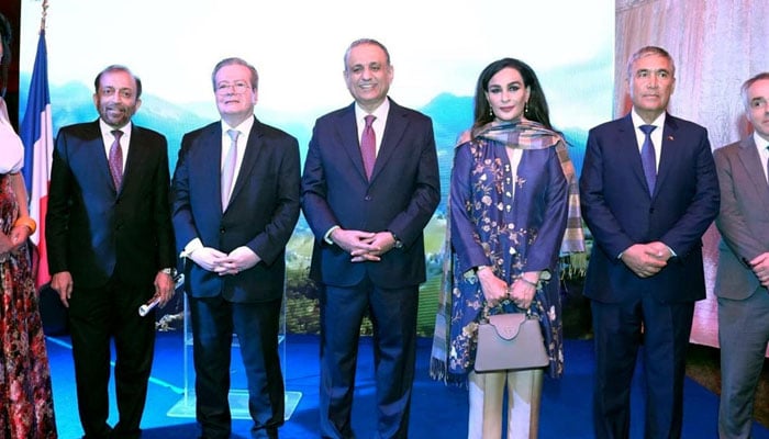 Federal Minister for Privatisation, Investment Board and Communications, Abdul Aleem Khan (C), French Ambassador to Pakistan, Nicolas Galey and others in a group photo on the occasion of National Day of France on July 13, 2024. —  APP