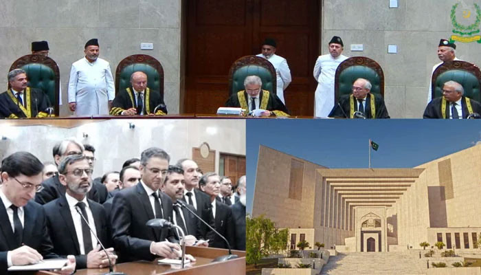 (Top, left, right) Judges of the Supreme Court announce the decision as lawyers look towards the bench on July 12, 2024. — Screengrab/GeoNews