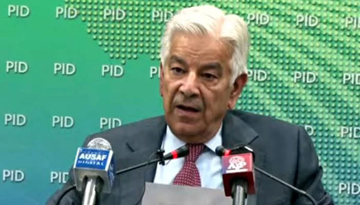 Defence Minister Khwaja Muhammad Asif addresses a press conference in Islamabad. — State Media/File