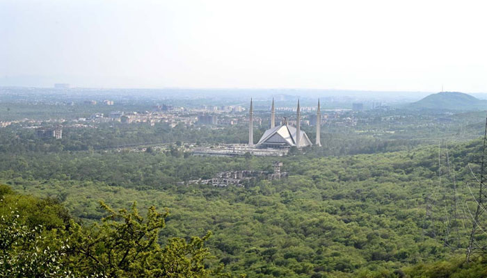 Faisal Masjid can be seen in an aerial view of Islamabad on July 14, 2024. — APP