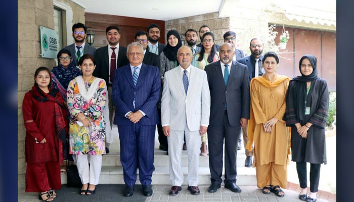 A group photo of Chairman IPO-Pakistan with Executive Director, Center for International Strategic Studies Sindh (CISSS) and officers after meeting on July 14, 2024. — APP