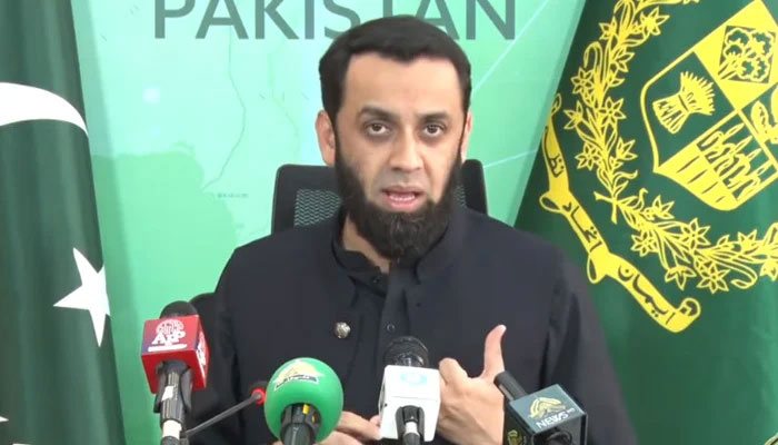 Federal Minister for Information & Broadcasting Attaullah Tarar addresses a press conference in Islamabad on July 15, 2024. — Screengrab via Geo News