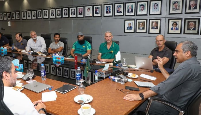 Pakistan Cricket Board Chairman Mohsin Naqvi chairs a meeting in Lahore, on July 15, 2024. — PCB