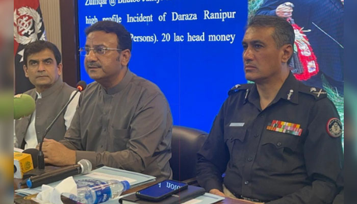 Sindh Home Minister Ziaul Hassan Lanjar addresses a press conference along with Sindh Inspector General of Police Ghulam Nabi Memon at the CPO on July 15, 2024. — Facebook/Sindh Police