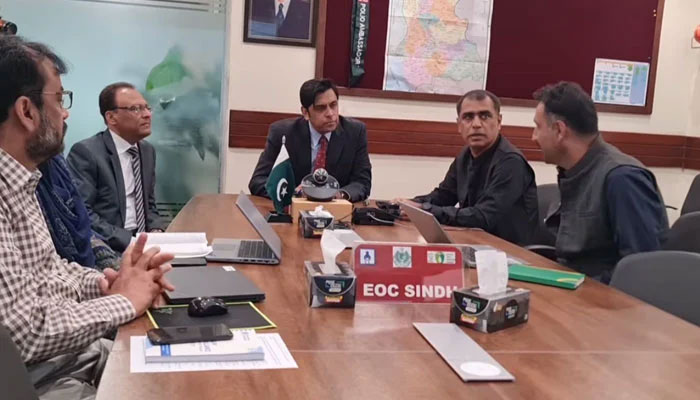 Sindh Chief Secretary Syed Asif Hyder Shah chairs a meeting on March 14, 2024. — Facebook/Sindh Government