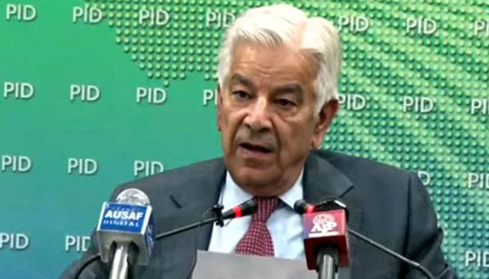 Defense Minister Khwaja Muhammad Asif addresses a press conference in Islamabad. — State Media/file