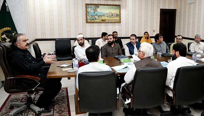 CM KP Sardar Ali Amin Khan Gandapur chairs a meeting of the Irrigation Department on July 18, 2024   .— NNI