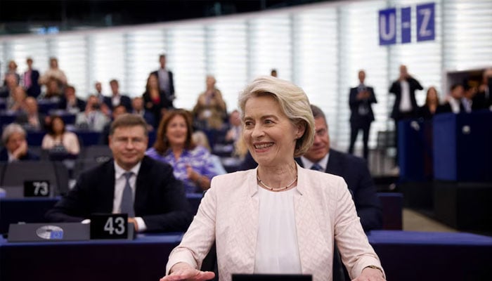 Ursula von der Leyen reacts after being chosen the President of the European Commission for a second term, at the European Parliament in Strasbourg, France, July 18, 2024. — Reuters