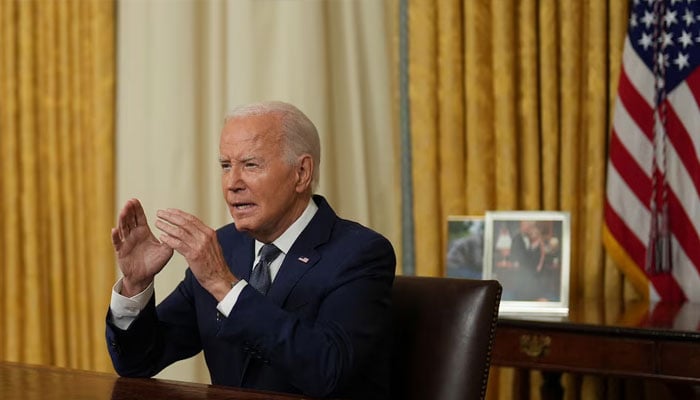 US President Joe Biden delivers an address to the nation from the Oval Office of the White House in Washington on July 14, 2024. —Reuters