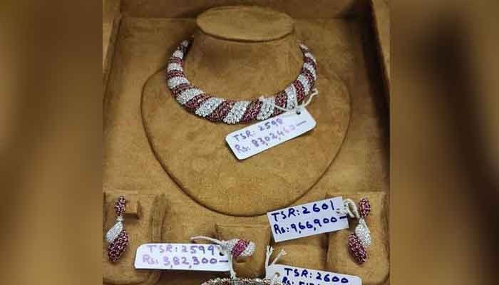 The picture shows a diamond set of approximately Rs14.827 million with the necklace costing Rs8.3 million, earrings worth Rs966,900, a ring of Rs382,300 and a bangle for Rs5.17 million. — Geo.tv