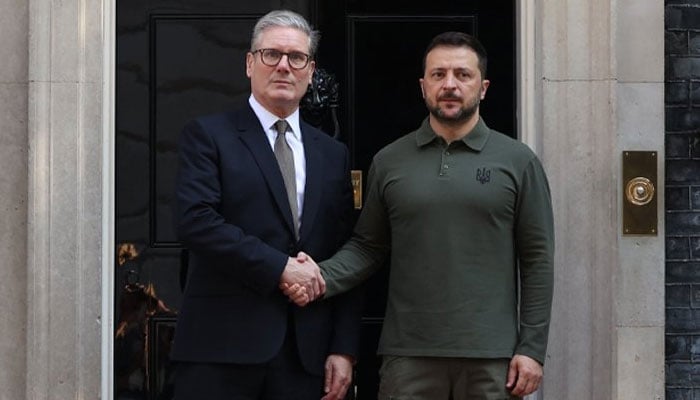 Ukraine President Volodymyr Zelensky shakes hands with UK PM Keir Starmer at 10 Downing Street in London, UK on July 19, 2024. — X/@Keir_Starmer