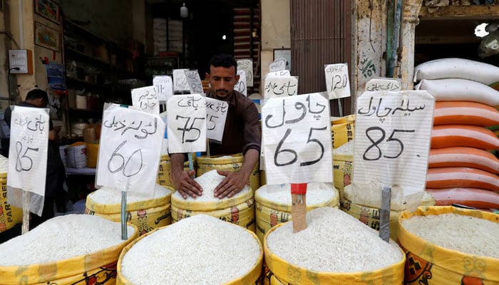 A vendor arranges different types of rice, with their prices displayed, at his shop in a wholesale market in Karachi, Pakistan April 2, 2019. — Reuters